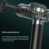 A cutaway view of a massage gun, showing its internal motor and components, with German text describing its features. Produktbild-Vorschau