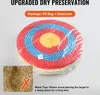 A target for archery, packaged in plastic with a desiccant packet, and accompanied by marketing text and a warning symbol. Produktbild-Vorschau