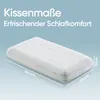 A white orthopedic pillow is shown on a light blue and white gradient background, with dimensions indicated by lines and text. Produktbild-Vorschau