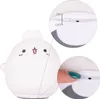 A close-up view of a cute, white, bunny-shaped LED night light, with two inset circles showing details of the on/off switch and a finger interacting with it. Produktbild-Vorschau
