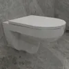 A modern wall-mounted toilet with a soft-close seat, set against a marble-tiled wall. Produktbild-Vorschau