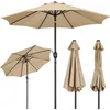 A collage of images showing a beige patio umbrella in different states: open and angled, open and upright, and closed. Produktbild-Vorschau