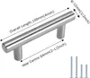 A metal cabinet handle with measurements and screws. The background is white. Produktbild-Vorschau