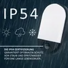 A modern LED outdoor light with IP54 certification, shown against a dark, rainy background with icons representing sun, rain, and snow. Produktbild-Vorschau