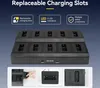 A multi-bay charger for walkie-talkies with feature callouts and close-up shots of charging slots. Voir les images du produit