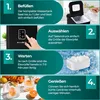 An infographic showing the four steps to use an ice maker: filling, selecting ice size, waiting, and enjoying drinks. Produktbild-Vorschau