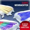 Three abstract shapes covered in white material, each with a different color of LED lights emanating from them. The background is dark blue with snowflake graphics. Produktbild-Vorschau