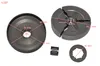 A set of chainsaw parts, including a clutch drum, a clutch assembly, and a roller bearing, are laid out on a white background with measurement lines and dimensions indicated. Voir les images du produit