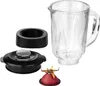A set of blender parts, including a glass pitcher, a lid, a blade assembly, and a collar, are arranged on a white background. Produktbild-Vorschau