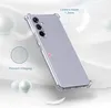 A clear phone case is shown on a light gray and white background with feather accents. Produktbild-Vorschau