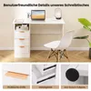 A collage of images showing a white desk with drawers, a chair, and close-ups of the desk's features. Náhled obrázku produktu