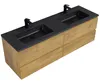 A double vanity bathroom sink with a wooden cabinet and black countertop and sinks, shown from a high angle. Anteprima dell’immagine prodotto