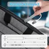 A hand is placing a silver USB hub into a gray laptop bag. A diagram showing the dimensions of the USB hub is at the bottom. Produktbild-Vorschau