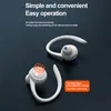 Two white wireless earbuds with ear hooks are displayed on a dark gray background. Text overlays describe features and operation. Podgląd zdjęcia produktu