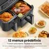 A collage featuring a dual-basket air fryer with food inside and around it, along with text highlighting its features. Produktbild-Vorschau