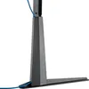 Close-up of a black TV stand base with a blue cable. Produktbild-Vorschau