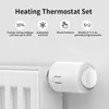 A white smart thermostat attached to a white radiator, with marketing text and icons above. Produktbild-Vorschau
