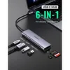 A UGREEN 6-in-1 USB C hub is connected to a laptop, with various accessories like a USB drive and SD cards shown nearby. Produktbild-Vorschau