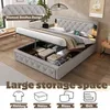 A bed with its storage compartment open, showing various items stored inside. The image also includes illustrative icons and text. Produktbild-Vorschau