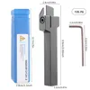 A set of metalworking tools including a tool holder, a case, and an Allen wrench, with dimensions indicated. Produktbild-Vorschau