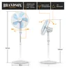 A white Brandson stand fan is shown from two different angles with dimensions and feature callouts. Anteprima dell’immagine prodotto