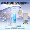 Diagram illustrating an automatic water filtration system connected to a faucet and an ice maker, with text explaining its benefits and usage. Produktbild-Vorschau