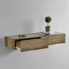 A wooden floating shelf with an open drawer and a small potted plant on top, mounted on a light gray wall. Náhled obrázku produktu