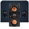 A black portable Bluetooth speaker with two orange speakers is shown against a dark gray background, with two additional speakers shown on either side. Náhled obrázku produktu