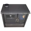 A studio shot of a black wood-burning stove with a glass oven door and a stovetop. Produktbild-Vorschau