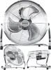 A collage of a silver floor fan from different angles, with a close-up of the main fan. Voir les images du produit