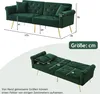 A green sofa is shown in two configurations with dimensions indicated. Anteprima dell’immagine prodotto