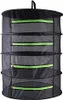 A black mesh drying rack with four tiers and green zippers is shown hanging against a white background. Produktbild-Vorschau
