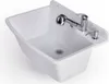 A white sink with a chrome faucet and soap dispenser, shown against a white background. Produktbild-Vorschau
