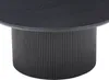 A close-up view of a round coffee table with a dark oak top and a fluted cylindrical base. Voir les images du produit