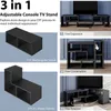 Collage of images showing different configurations and components of an adjustable TV stand. Náhled obrázku produktu