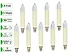 A collection of nine candle-shaped light bulbs with cream-colored bases and clear glass tops, arranged in two rows against a white background. Several green rectangular labels with white text are positioned to the left of the bulbs, providing product speci Produktbild-Vorschau