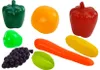 A collection of plastic toy fruits and vegetables arranged on a white background. Produktbild-Vorschau