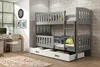 A bedroom scene featuring a grey bunk bed with storage drawers, a desk, and a rug. Produktbild-Vorschau