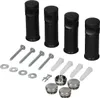 A collection of black and silver bathroom radiator mounting hardware and accessories, including brackets, screws, washers, and wall plugs, laid out on a white background. Náhled obrázku produktu