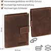 A brown leather wallet is shown from two angles, with dimensions and feature callouts. Produktbild-Vorschau