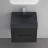 A modern black vanity unit with a sink and faucet mounted on a gray wall, with a white illuminated mirror above. Anteprima dell’immagine prodotto