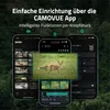 Three smartphone screens displaying a wildlife camera app interface and images of animals, set against a forest background. Produktbild-Vorschau