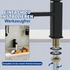 A black faucet is shown with text overlays highlighting installation features and compatibility. A smaller inset image shows the faucet installed in a sink with fruit. Náhled obrázku produktu