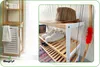 A split image showing a bamboo shelf unit with towels and a laundry basket on the left, and a closer view of a bamboo and white shoe rack with shoes, a hat, and a broom on the right. Podgląd zdjęcia produktu
