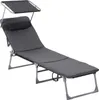 A dark gray chaise lounge with a sunshade and headrest, shown against a white background. Produktbild-Vorschau