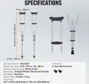 A diagram showing different types of crutches with specifications and accessories. Produktbild-Vorschau
