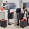A split image showing a kitchen scene with a woman interacting with a recycling bin system. Podgląd zdjęcia produktu