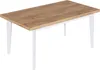 A rectangular dining table with a wood-grain top and white legs, shown from a slightly elevated side angle against a white background. Produktbild-Vorschau