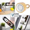 A collage of images showing a glass water bottle with a black silicone sleeve and a bamboo lid, being poured into a glass, and close-ups of the bottle and lid. Voir les images du produit