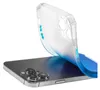 A clear phone case with a blue gradient is shown partially covering a smartphone. Produktbild-Vorschau